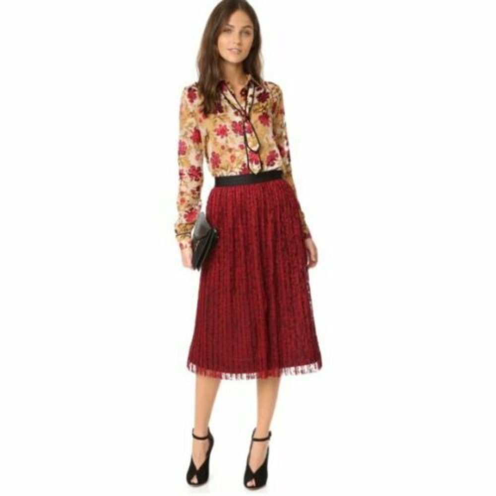 Alice + Olivia Mikaela Red Lace Overlay Midi Skirt